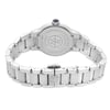 An image of an unworn RAYMOND WEIL women's wristwatch, showcasing the back view with a close clasp. The watch features a round shape and is made of stainless steel material, including both the case and the band. The watch is positioned centrally in the frame, with the clasp in the foreground slightly off to the right, and the watch band extending to the left, wrapping around to suggest its wearability on a wrist. The image is taken from a close distance, with a focus on the details of the caseback and clasp.