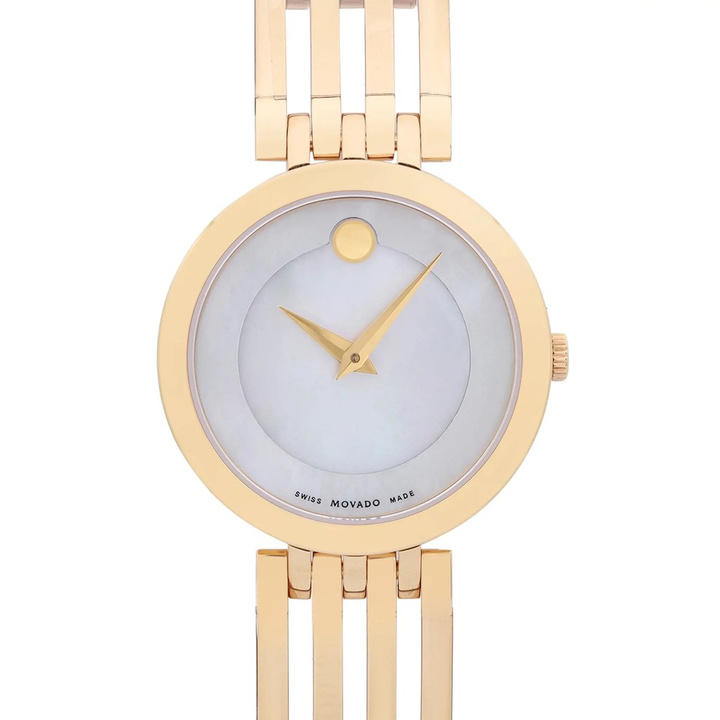 An image of a Wristwatch by Movado. This Display Model item is designed for Women, featuring a Dress/Formal style. It has a Quartz movement and an Analog display with a White dial color. The indices include 12-Hour Dial,No Hour Marks. The band is made of Stainless Steel and the case is made of Stainless Steel. The watch has a Round shape with a case size of 28 mm and a case thickness of 6 mm.