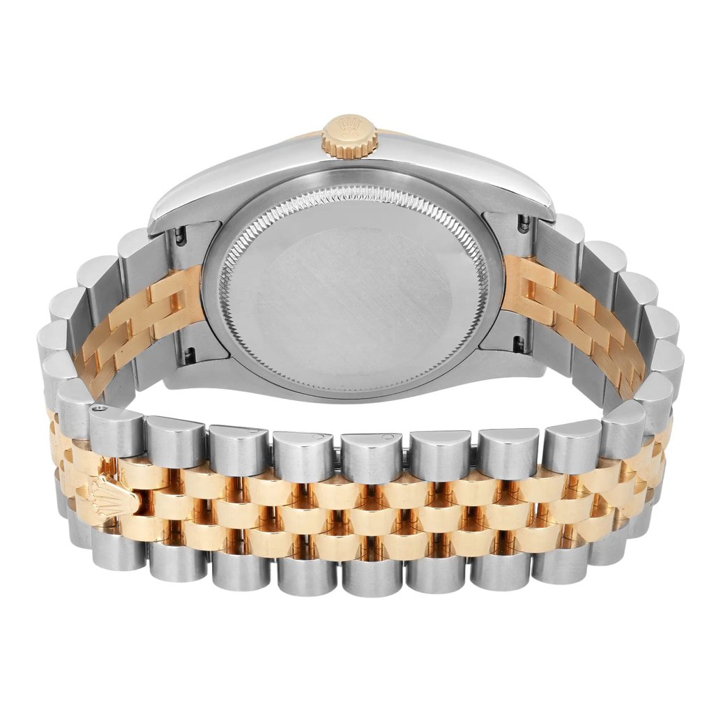 An image of a pre-owned men's Rolex wristwatch, viewed from the back at a close distance. The watch features a polished stainless steel and gold two-tone bracelet, with the watch case and crown prominently visible. The angle highlights the closed case back, providing a clear view of the bracelet's design.