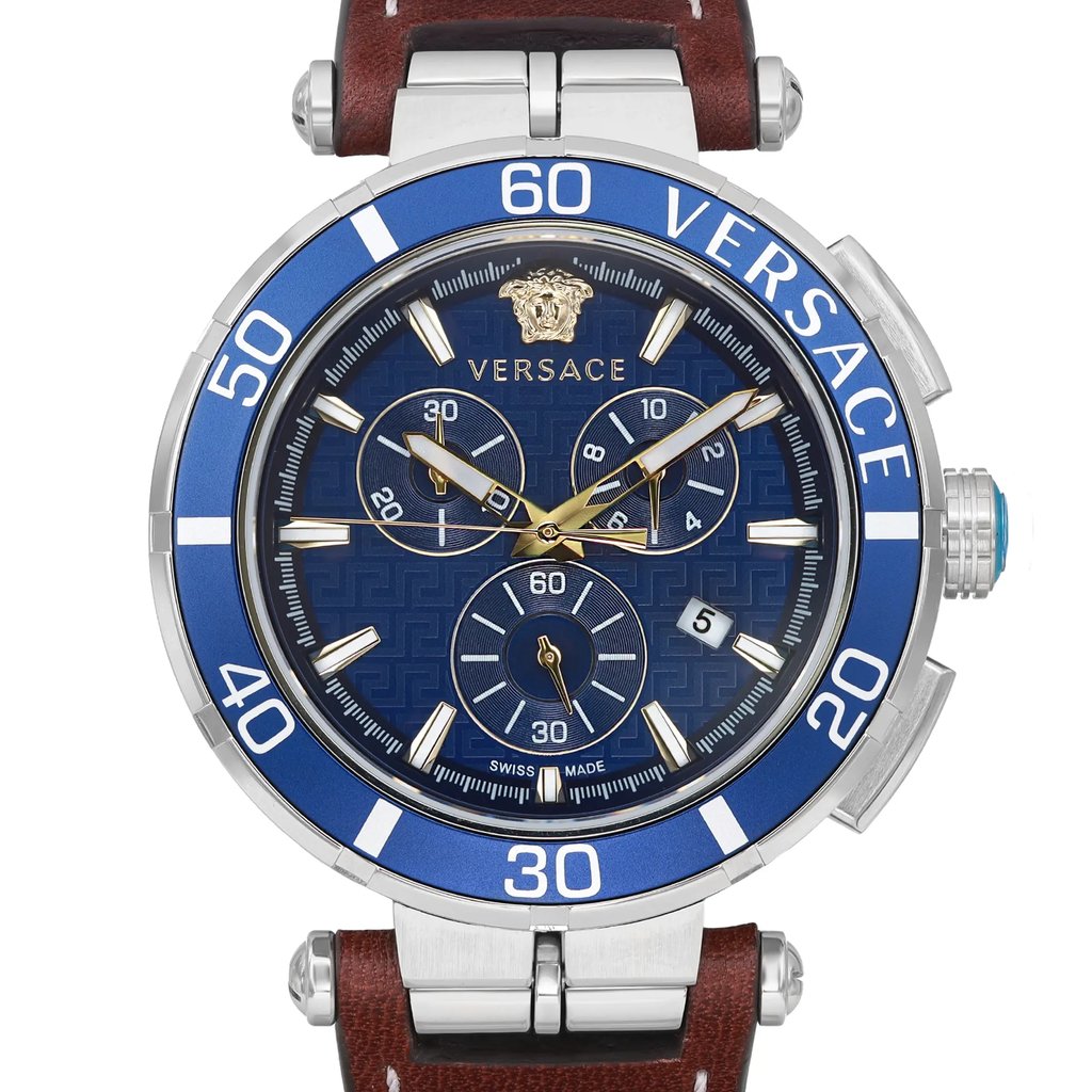 Up Close Front Facing Picture Of Versace VE3L00122 Stainless Steel Watch Unworn Condition