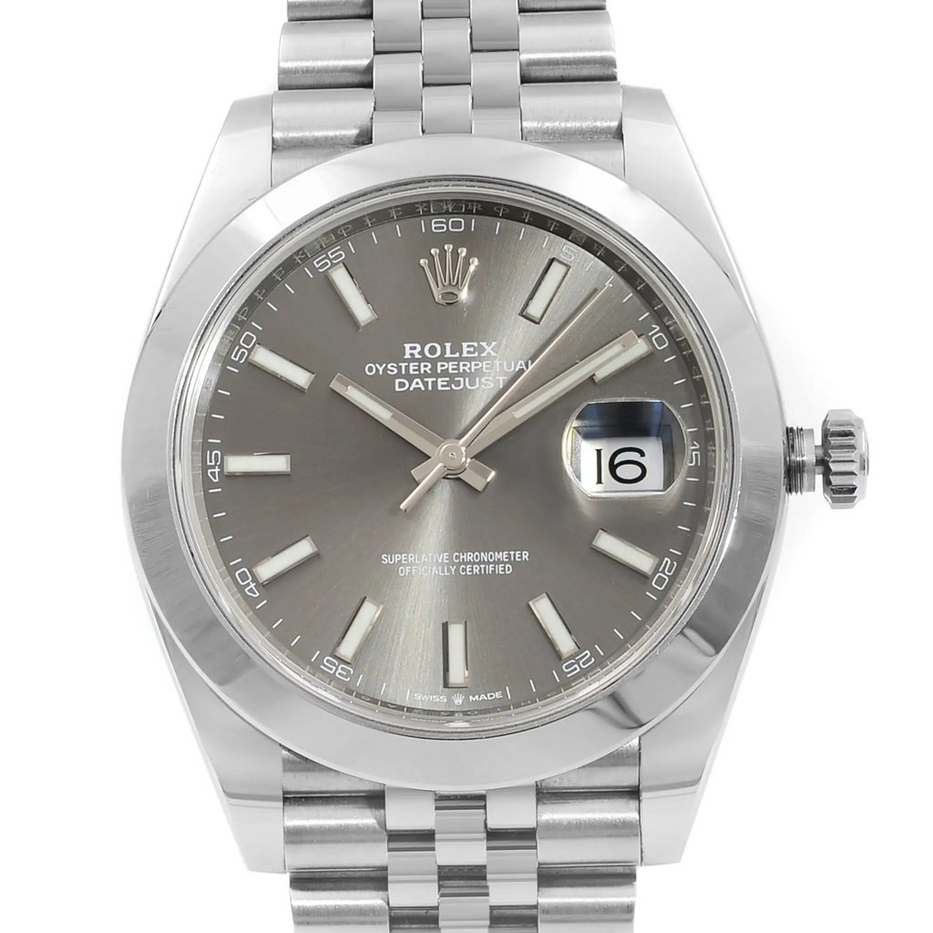 Up Close Front Facing Picture Of Rolex 126300RSJ Stainless Steel Watch Display Model Condition