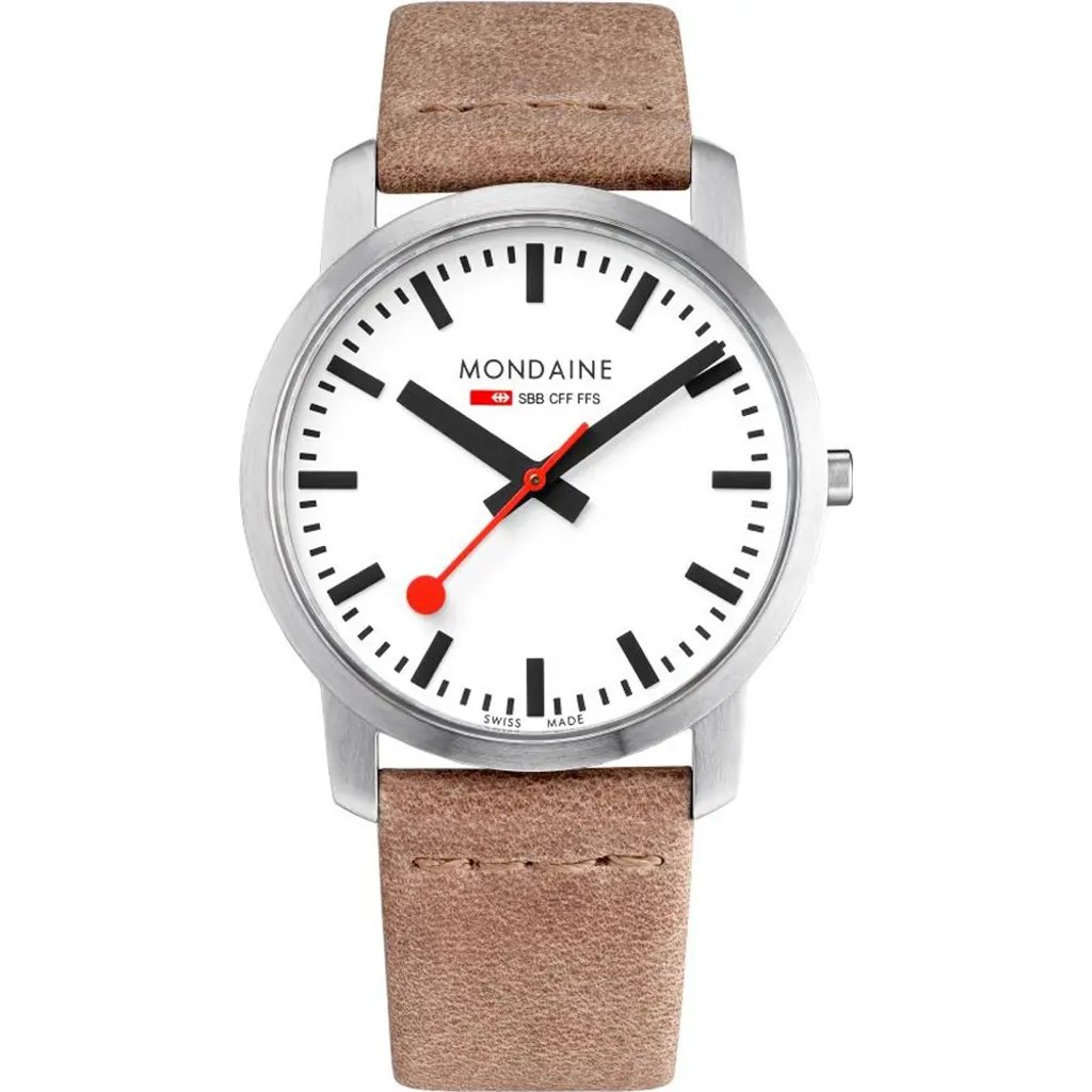 An image of a Wristwatch by Mondaine. This Display Model item is designed for Women, featuring a Casual style. It has a Quartz movement and an Analog display with a White dial color. The indices include 12-Hour Dial,Non-Numeric Hour Marks,Stick Indexes. The band is made of Leather and the case is made of Stainless Steel. The watch has a Round shape with a case size of 41 mm and a case thickness of 7 mm.