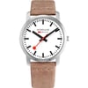 An image of a Wristwatch by Mondaine. This Display Model item is designed for Women, featuring a Casual style. It has a Quartz movement and an Analog display with a White dial color. The indices include 12-Hour Dial,Non-Numeric Hour Marks,Stick Indexes. The band is made of Leather and the case is made of Stainless Steel. The watch has a Round shape with a case size of 41 mm and a case thickness of 7 mm.