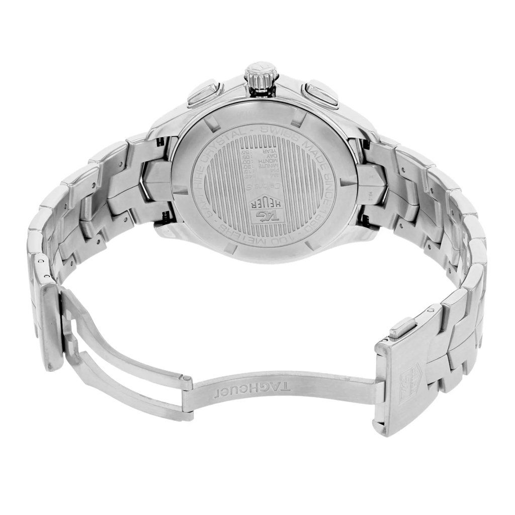 An image of a pre-owned men's TAG Heuer wristwatch, showcasing the back view with an open clasp. The watch features a round, stainless steel case and band, with a screwback caseback. The angle highlights the chronograph and luminous hand features, taken at a close distance.