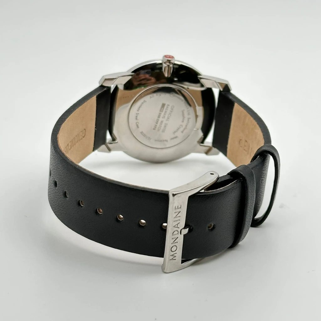 Back View Of Snap Back Case And Closed Leather Band Of Mondaine A400.30351.11SBB Watch Display Model Condition