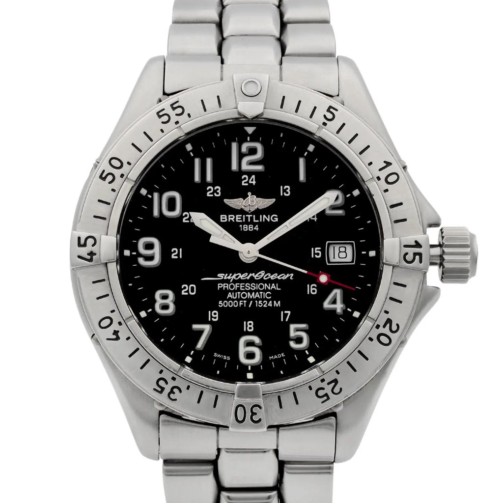 Up Close Front Facing Picture Of Breitling A17345 Stainless Steel Watch Unworn Condition