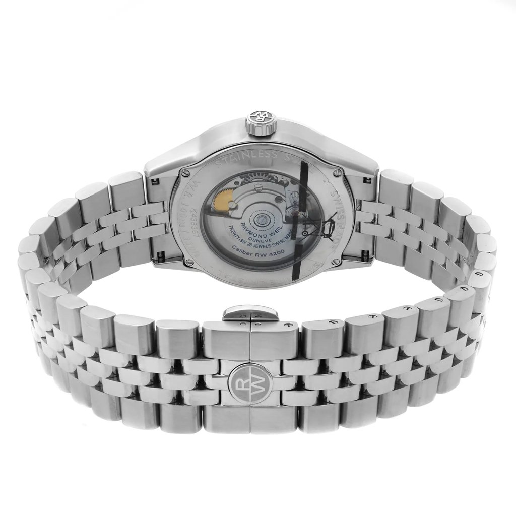 Back View Of Exhibition Back Case And Closed Stainless Steel Band Of RAYMOND WEIL 2770-ST-20011 Watch Display Model Condition