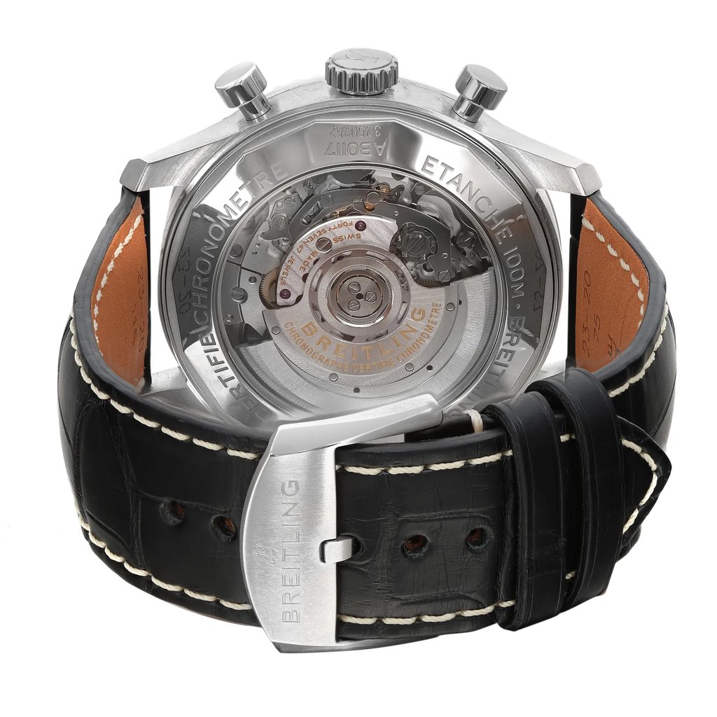 Back View Of Exhibition Back Case And Closed Leather Band Of Breitling AB0117131B1 Watch Display Model Condition