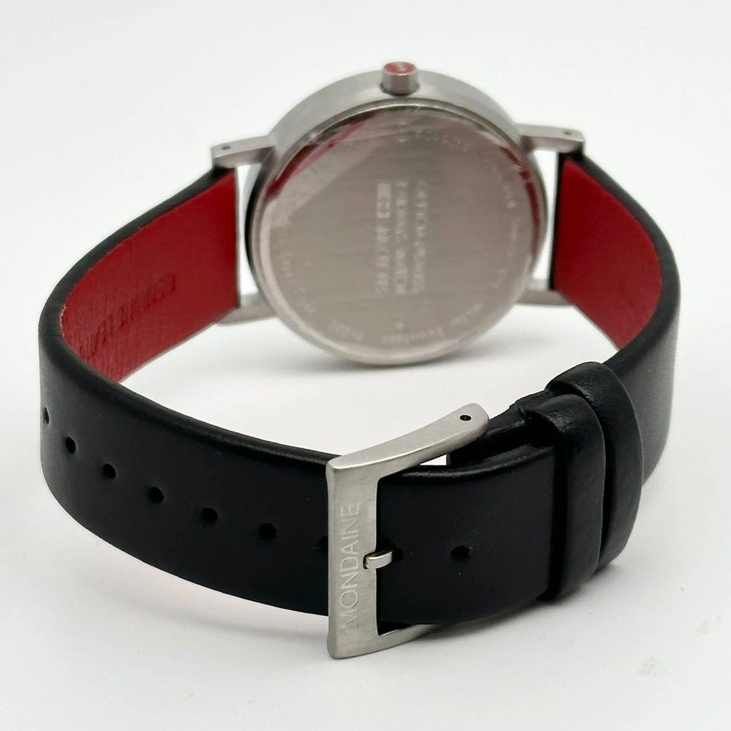 Back View Of Snap Back Case And Closed Leather Band Of Mondaine A660.30314.160M Watch Display Model Condition