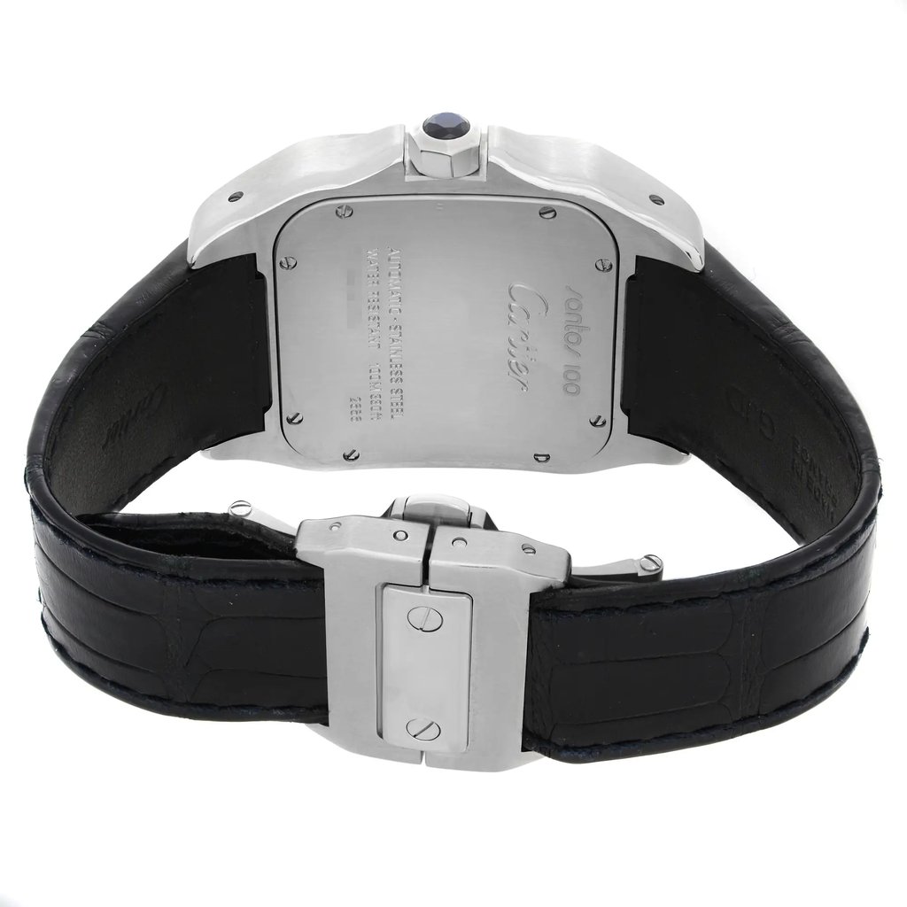 An image of a pre-owned Cartier men's wristwatch viewed from the back, showing a stainless steel screwback case and a black leather band with a butterfly clasp. The watch has a square case shape and is angled slightly to reveal the clasp mechanism. The watch is positioned against a white background and is captured from a close, overhead angle, providing a clear view of the caseback details and the texture of the leather strap.