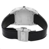 An image of a pre-owned Cartier men's wristwatch viewed from the back, showing a stainless steel screwback case and a black leather band with a butterfly clasp. The watch has a square case shape and is angled slightly to reveal the clasp mechanism. The watch is positioned against a white background and is captured from a close, overhead angle, providing a clear view of the caseback details and the texture of the leather strap.
