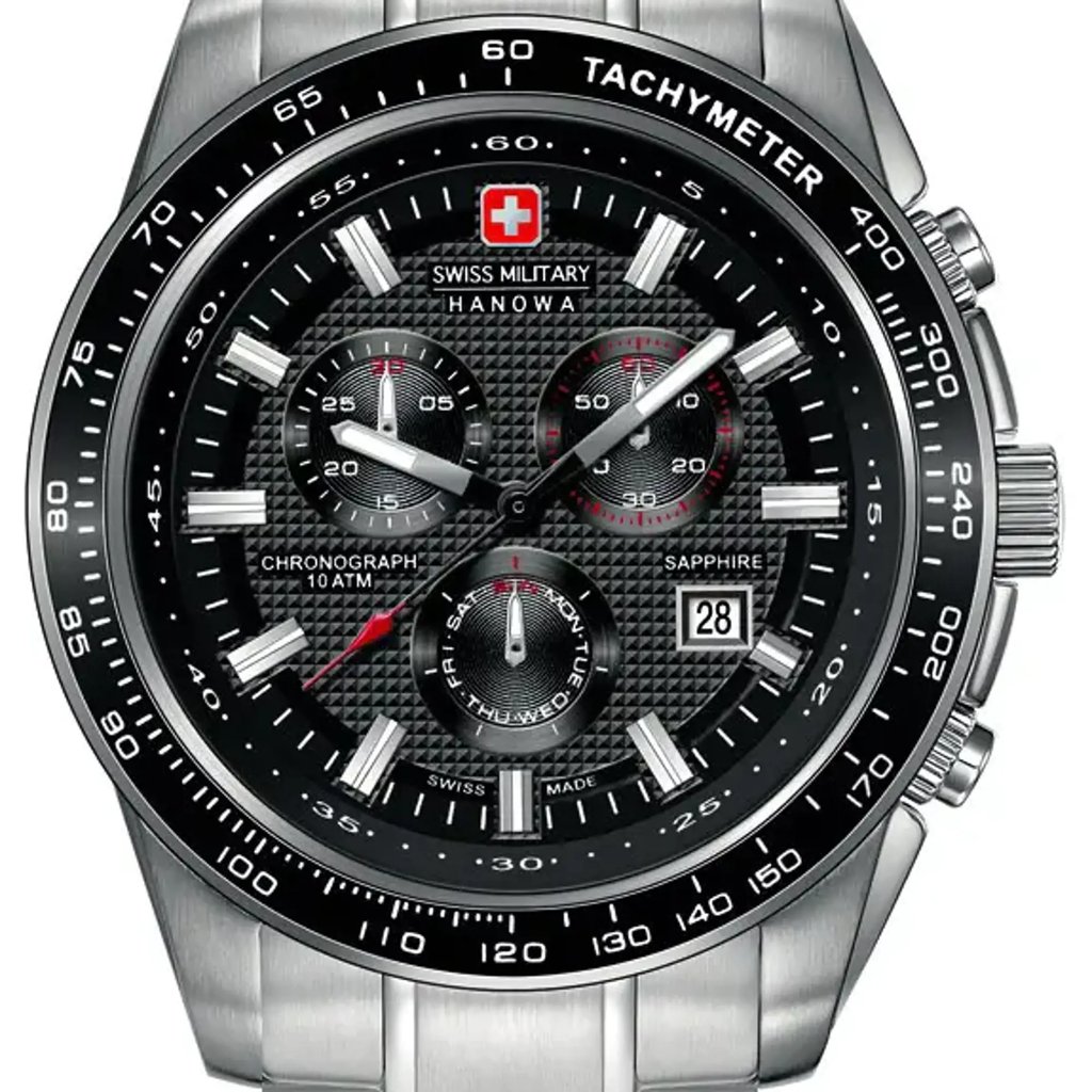 An image of a Wristwatch by Swiss Military Hanowa. This New With Defects item is designed for Men, featuring a Dress/Formal style. It has a Quartz movement and an Analog display with a Black dial color. The indices include 12-Hour Dial,Seconds Hand,Stick Indexes. The band is made of Stainless Steel and the case is made of Stainless Steel. The watch has a Round shape with a case size of 43 mm and a case thickness of 11 mm.
