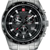 An image of a Wristwatch by Swiss Military Hanowa. This New With Defects item is designed for Men, featuring a Dress/Formal style. It has a Quartz movement and an Analog display with a Black dial color. The indices include 12-Hour Dial,Seconds Hand,Stick Indexes. The band is made of Stainless Steel and the case is made of Stainless Steel. The watch has a Round shape with a case size of 43 mm and a case thickness of 11 mm.
