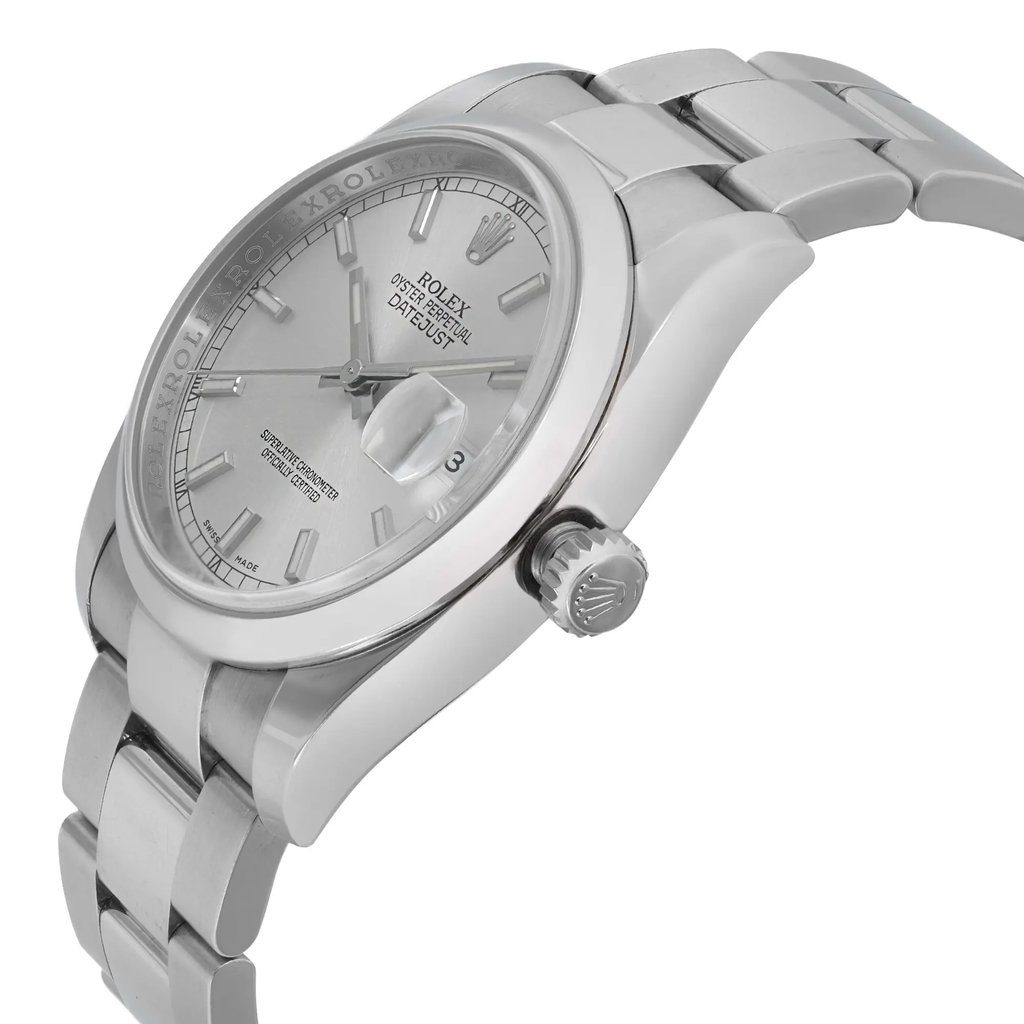 An image of a pre-owned wristwatch shown from a side profile view, highlighting the crown. The watch is angled slightly upward, showcasing its sleek metal band and silver dial. The distance is close enough to capture fine details such as the brand logo on the crown and the text on the dial.