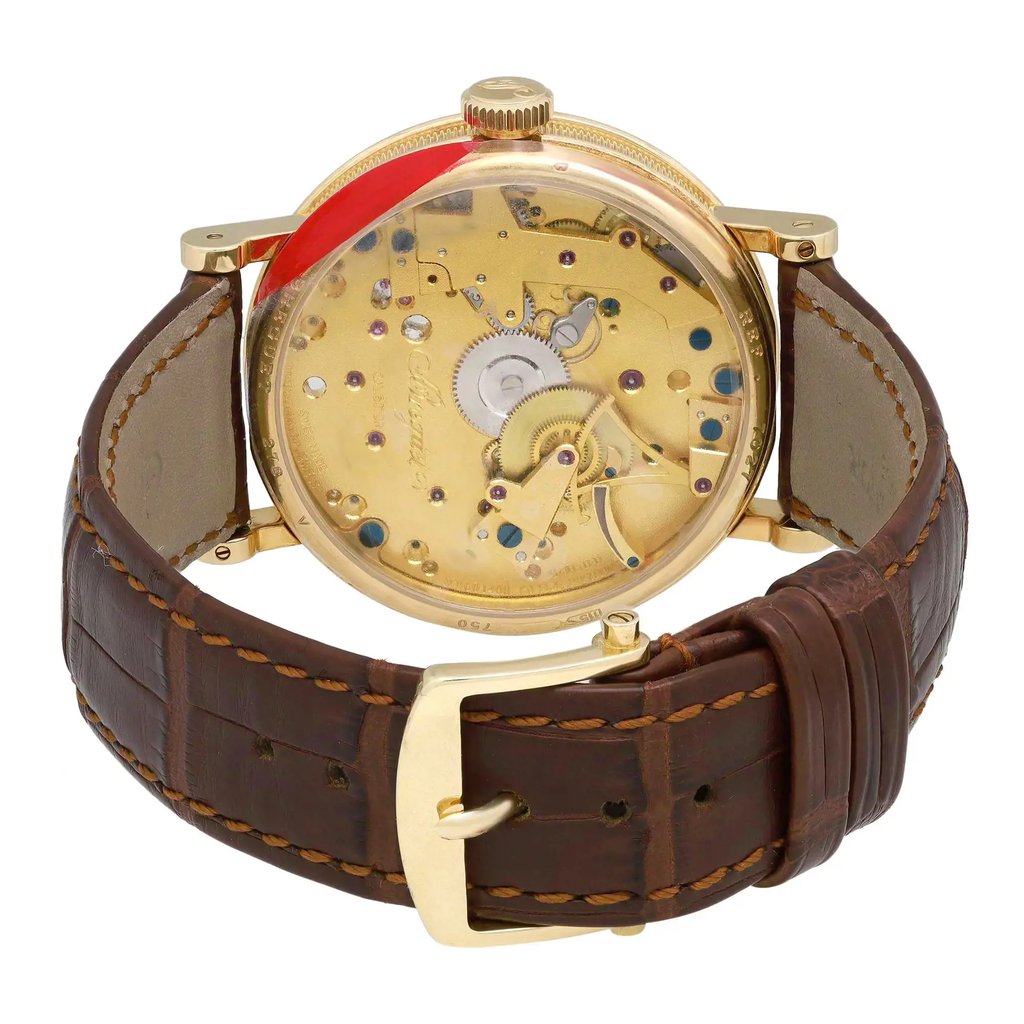 Back View Of Exhibition Back Case And Closed Leather Band Of Breguet 7027BA/11/9V6 Watch Pre Owned Condition