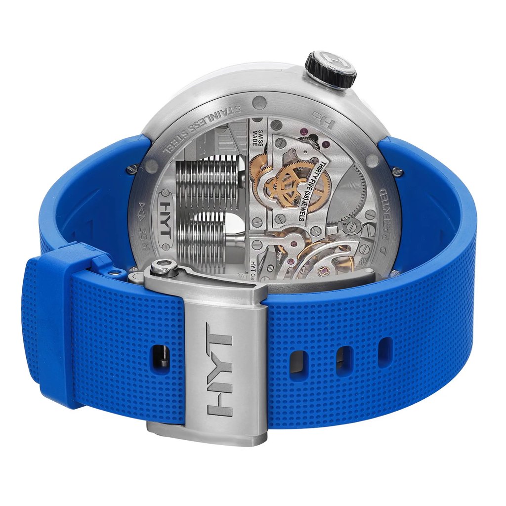 Back View Of Exhibition Back Case And Closed Rubber Band Of HYT H00840.BK Watch Unworn Condition