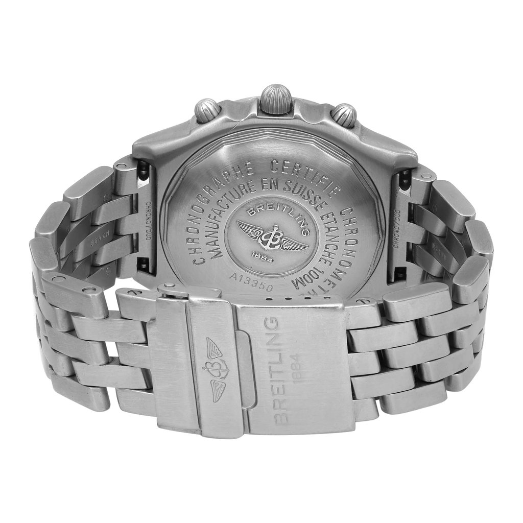 Back View Of Exhibition Back Case And Closed Stainless Steel Band Of Breitling A13350 Watch Pre Owned Condition