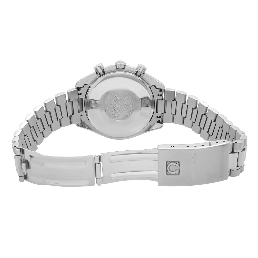 Back View Of Solid Back Case And Open Stainless Steel Band Of OMEGA 3511.80.00 Watch Pre Owned Condition
