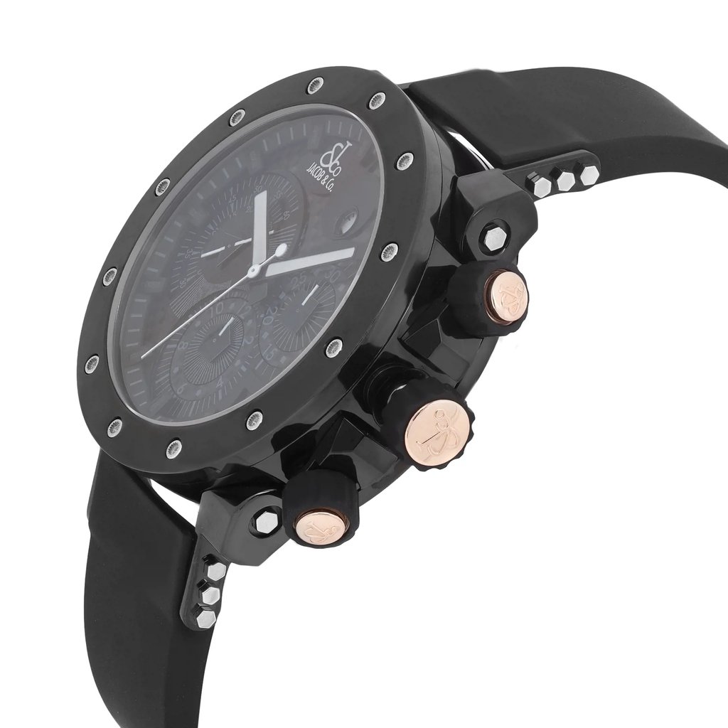 An image of a pre-owned wristwatch shown from a side profile view. The watch features a black case with a visible crown and two pushers, adorned with rose gold accents. The dial is dark with visible subdials and white hands, and the bezel is secured with silver screws. The black strap is partially visible, with silver detailing on the lugs. The watch is positioned at a slight angle, highlighting the crown, and is photographed at a close distance.