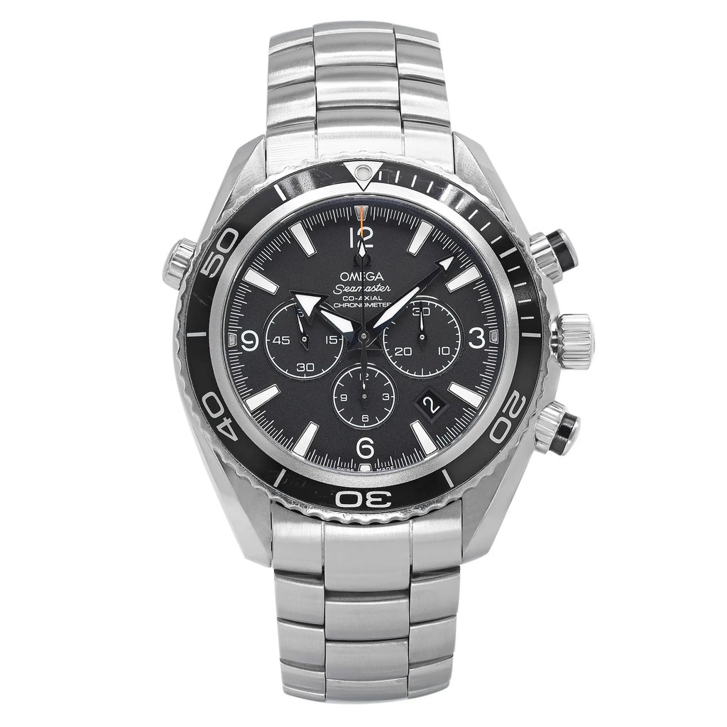 An image of a pre-owned men's OMEGA Seamaster Planet Ocean 45.5mm wristwatch featuring a stainless steel bracelet and case, positioned straight and centered. The watch face is angled slightly forward, displaying its black dial with chronograph subdials, a date indicator, and luminous hands. The distance is close-up, highlighting the detailed bezel and pushers on the side.The bezel of this watch has minor scratches. 