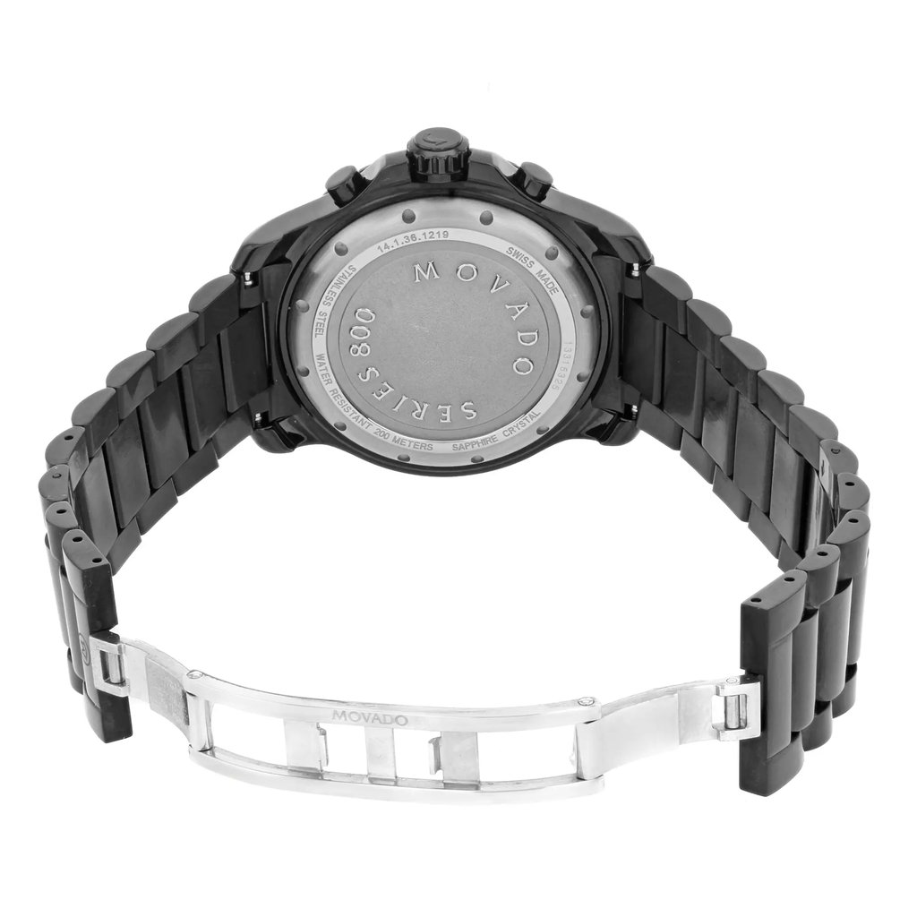 An image of a pre-owned wristwatch shown from the back view. The watch has an open clasp, with the metal bracelet and clasp visible. The angle is straight-on, capturing the full length of the bracelet and the back of the watch face, which displays engraved text. The distance is close enough to read details on the watch back.