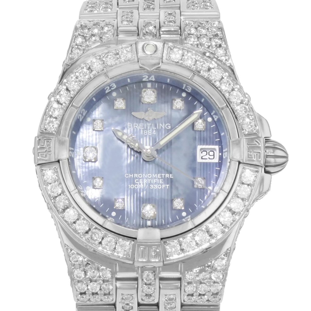 Up Close Front Facing Picture Of Breitling A71340 Stainless Steel Watch Pre Owned Condition