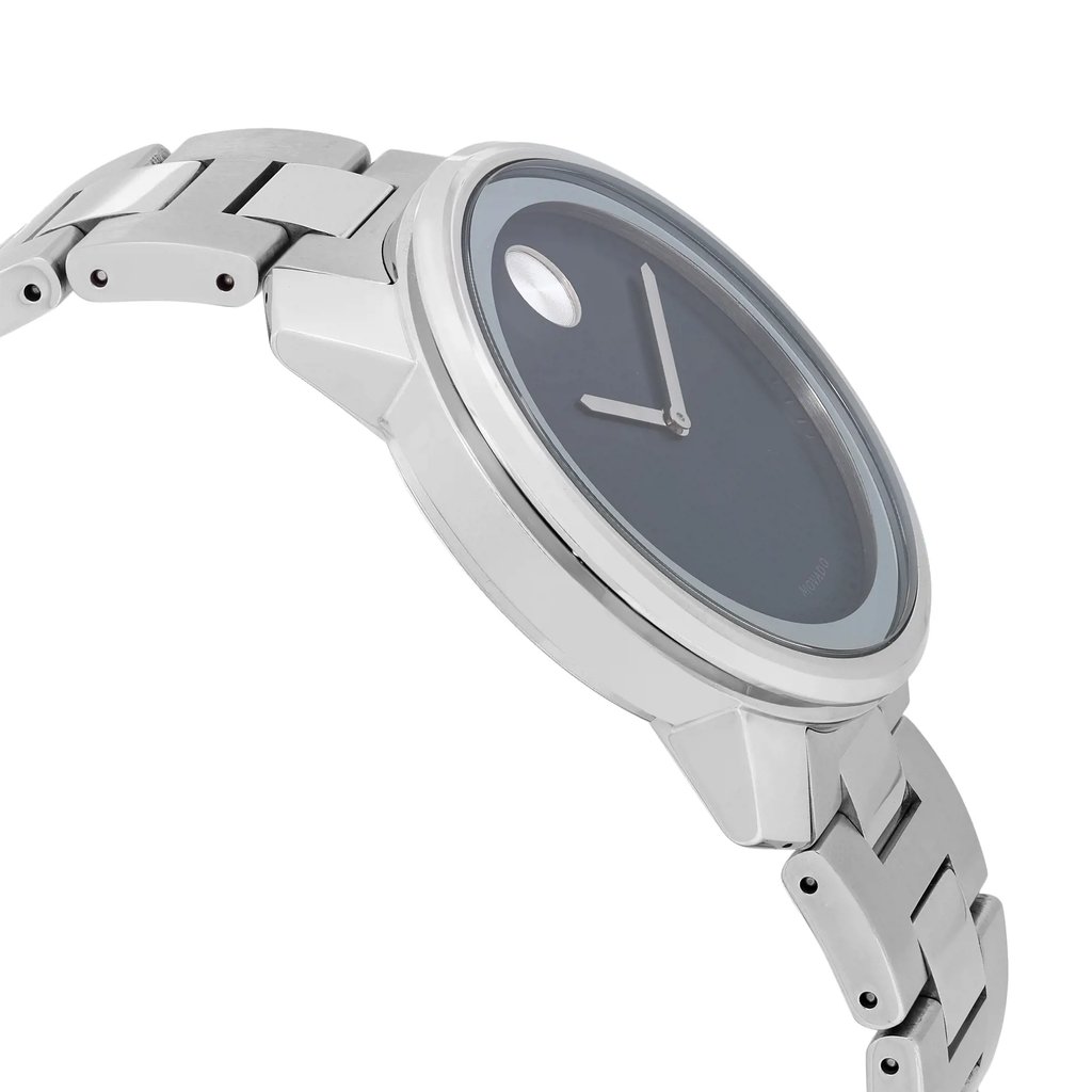 An image of a Wristwatch by Movado. This Display Model item is designed for Men, featuring a Dress/Formal style. It has a Quartz movement and an Analog display with a Blue dial color. The indices include 12-Hour Dial,Non-Numeric Hour Marks,Square Indexes. The band is made of Stainless Steel and the case is made of Stainless Steel. The watch has a Round shape with a case size of 42 mm and a case thickness of 11 mm.