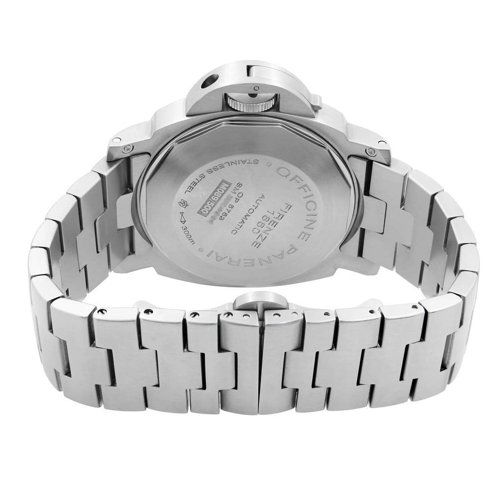 An image of a pre-owned Officine Panerai men's wristwatch featuring a solid caseback and stainless steel band. The watch is photographed from the back view, with the clasp closed and positioned centrally. The cushion-shaped watch is captured at a close distance and from a direct angle, showcasing the brand engraving on the back.