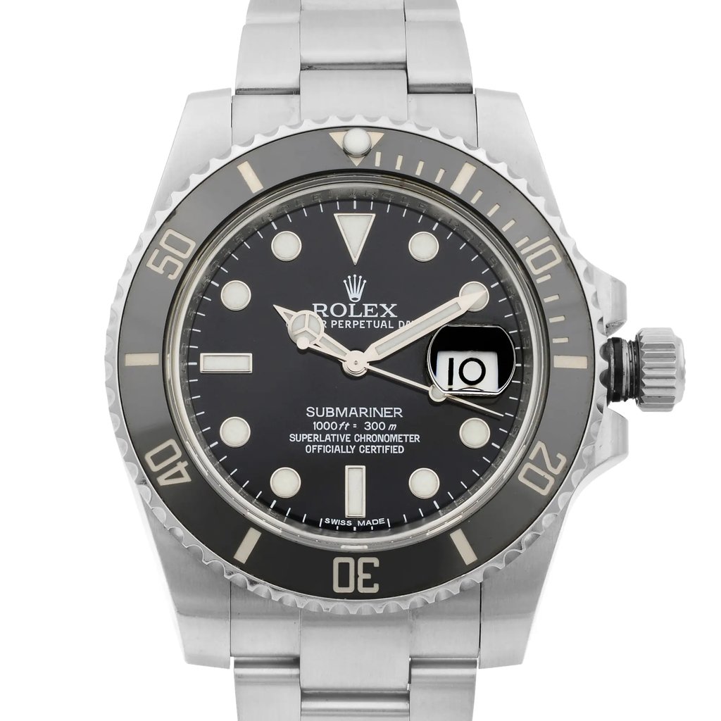 An image of a pre-owned wristwatch taken from a front close-up angle, focusing on the watch face. The watch features a black dial with luminous hour markers and hands, a rotating bezel, and a date window with a magnifying lens. The stainless steel bracelet and crown are partially visible from this angle.