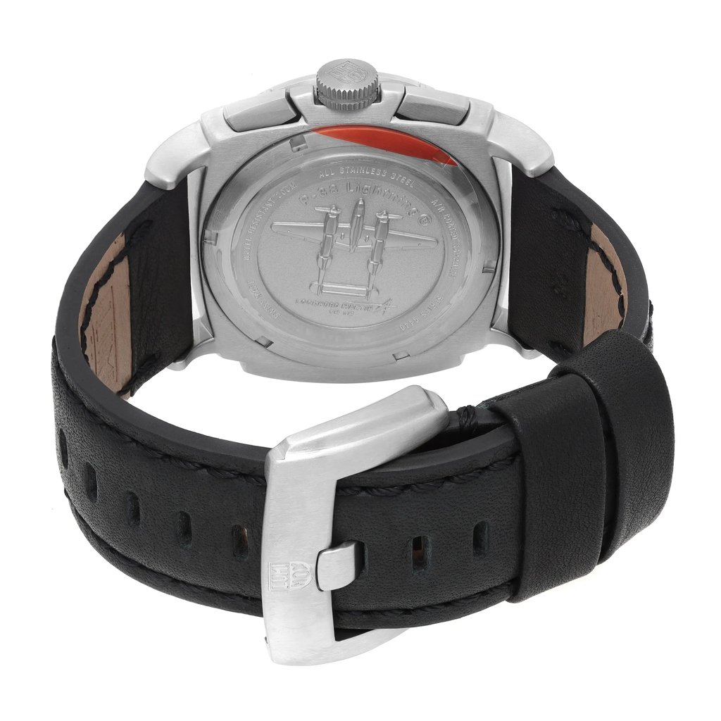 An image of a Wristwatch by Luminox. This Display Model item is designed for Men, featuring a Pilot/Aviator style. It has a Quartz movement and an Analog display with a Black dial color. The indices include 12-Hour Dial,Arabic Numerals,Multi Dial. The band is made of Leather and the case is made of Stainless Steel. The watch has a Round shape with a case size of 44 mm and a case thickness of 14 mm.