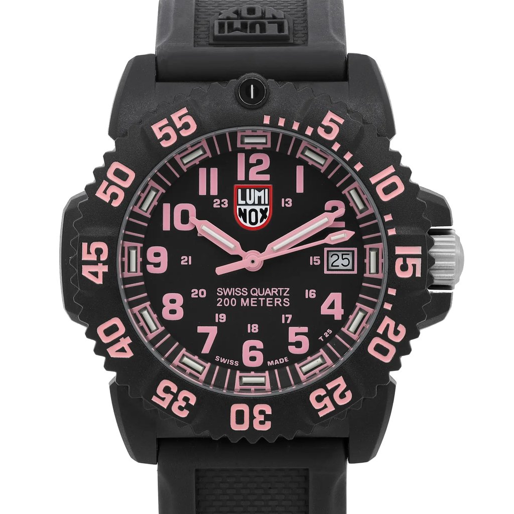 An image of a Wristwatch by Luminox. This Pre Owned item is designed for Women, featuring a Casual,Classic,Diver,Military style. It has a Quartz movement and an Analog display with a Black dial color. The indices include 12-Hour Dial,Arabic Numerals,Easy to Read/Large Numerals. The band is made of Rubber and the case is made of Carbon. The watch has a Round shape with a case size of 38 mm and a case thickness of 12 mm.