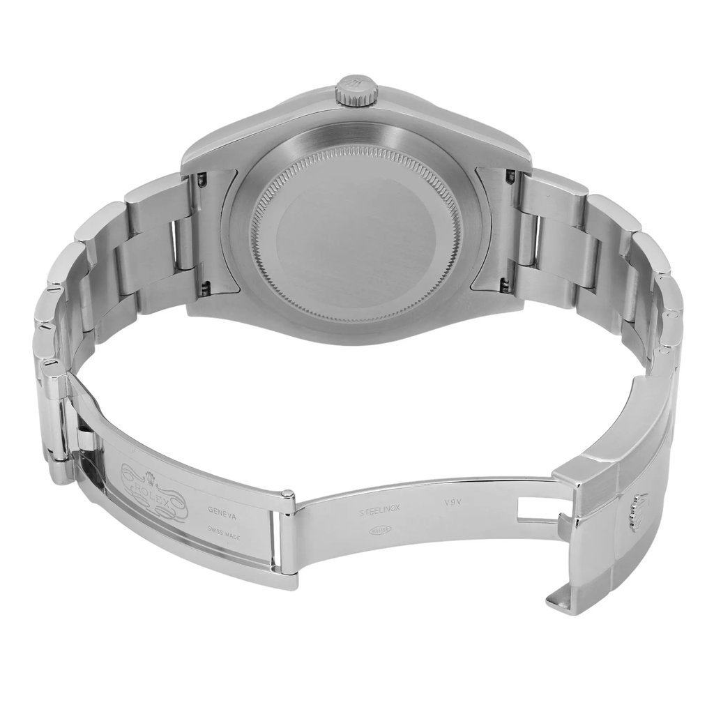 Back View Of Solid Back Case And Open Stainless Steel Band Of Rolex 116300 Watch Pre Owned Condition
