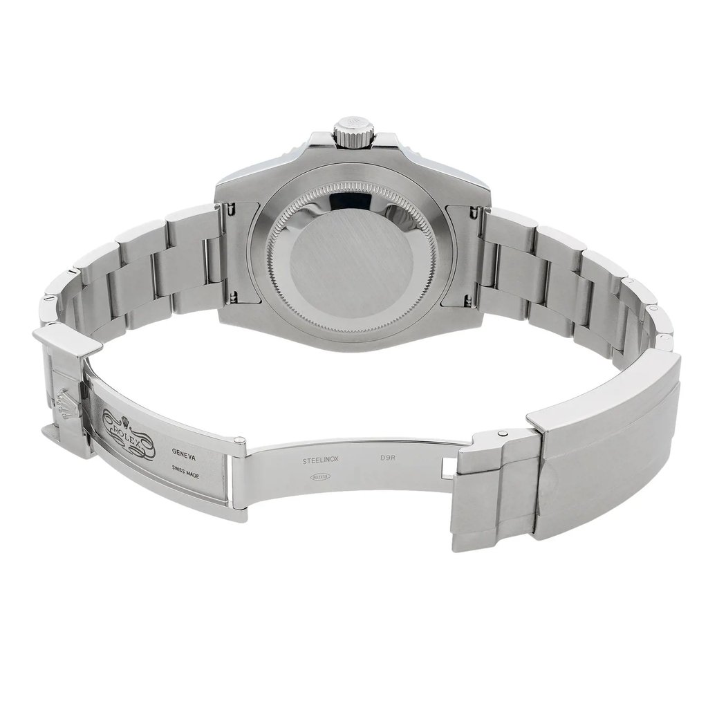 Back View Of Screwback Back Case And Open Stainless Steel Band Of Rolex 114060 Watch Pre Owned Condition