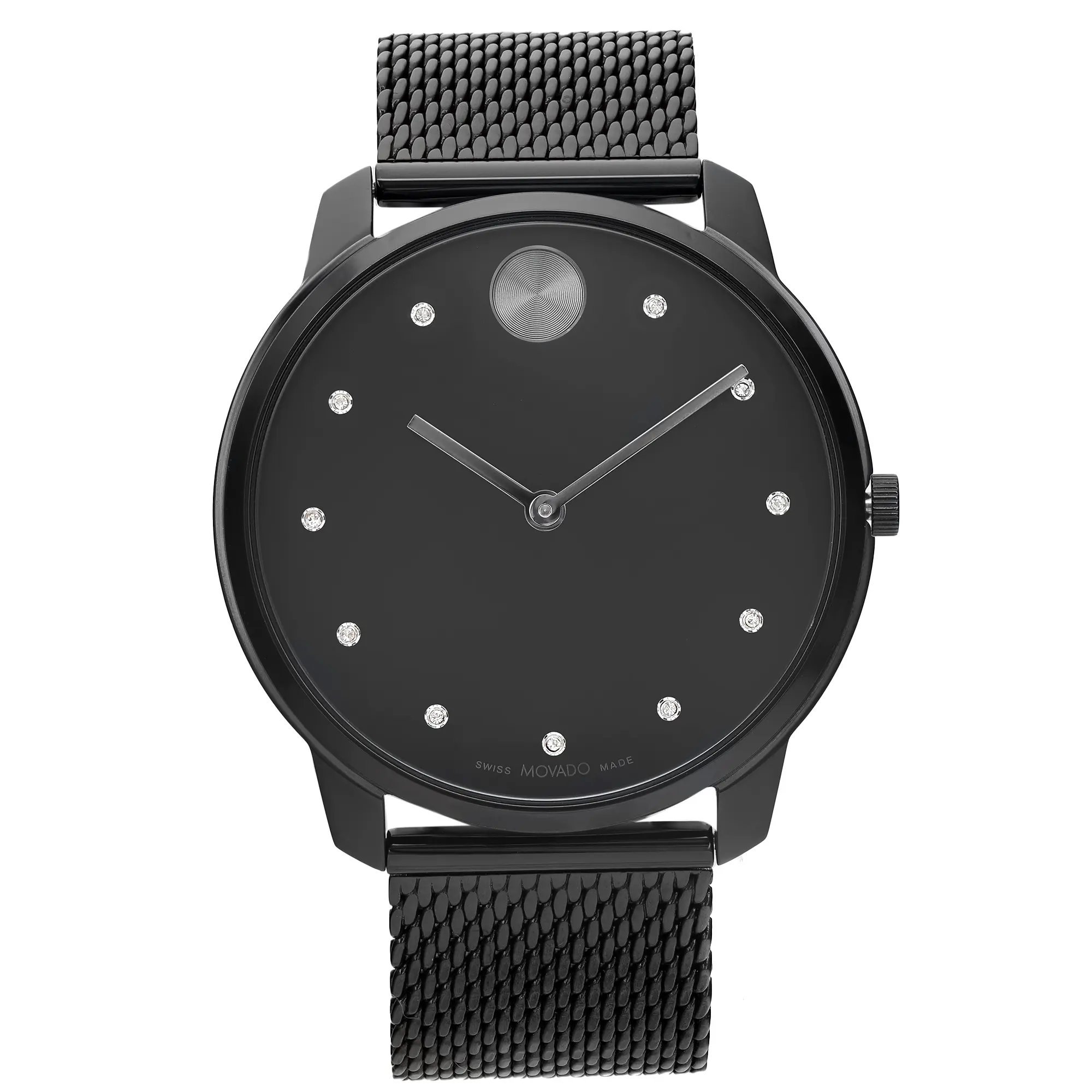 An image of a wristwatch taken from a front full-frontal view. The watch features a sleek black design with a minimalist black dial, accented by small round markers. The hands are also black, blending subtly with the dial. The strap is a textured black mesh, adding to the modern aesthetic. The watch is new, but with defects, as noted in the description.