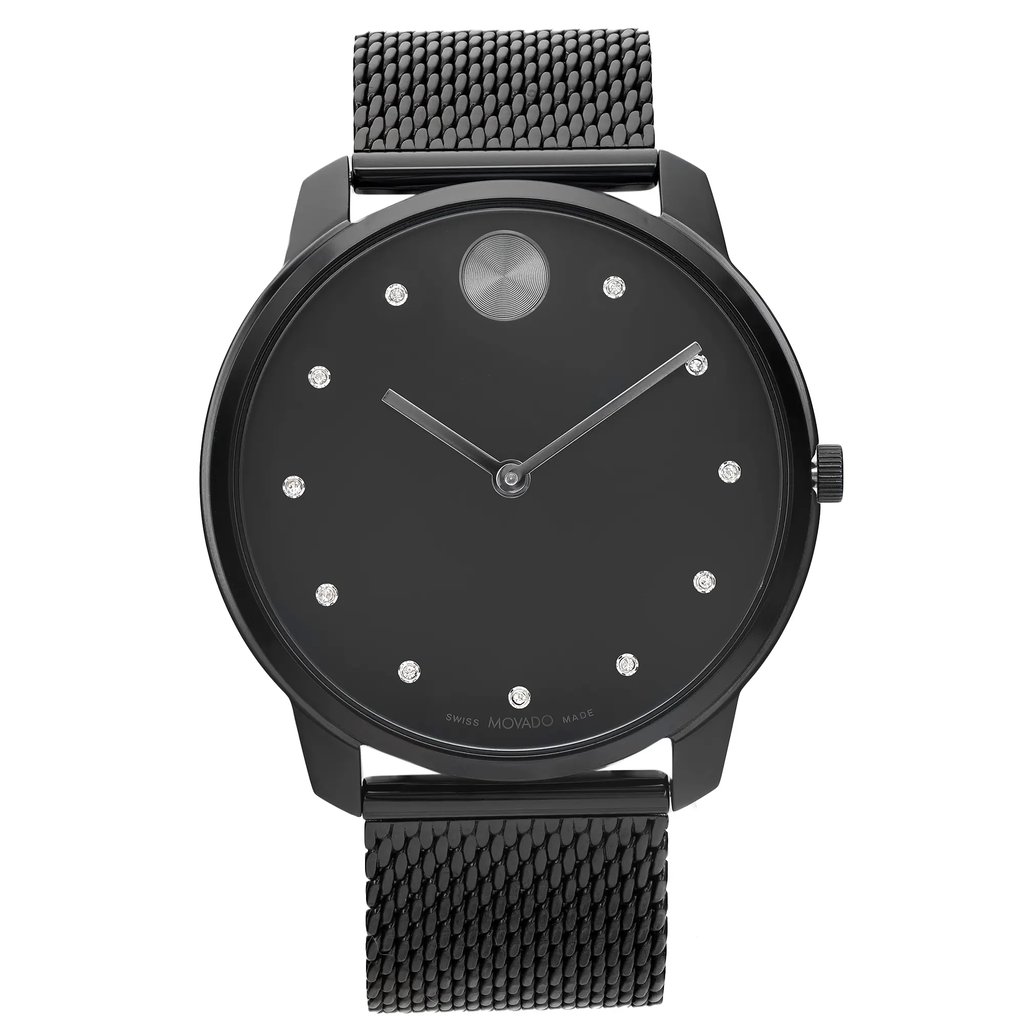 An image of a wristwatch taken from a front full-frontal view. The watch features a sleek black design with a minimalist black dial, accented by small round markers. The hands are also black, blending subtly with the dial. The strap is a textured black mesh, adding to the modern aesthetic. The watch is new, but with defects, as noted in the description.