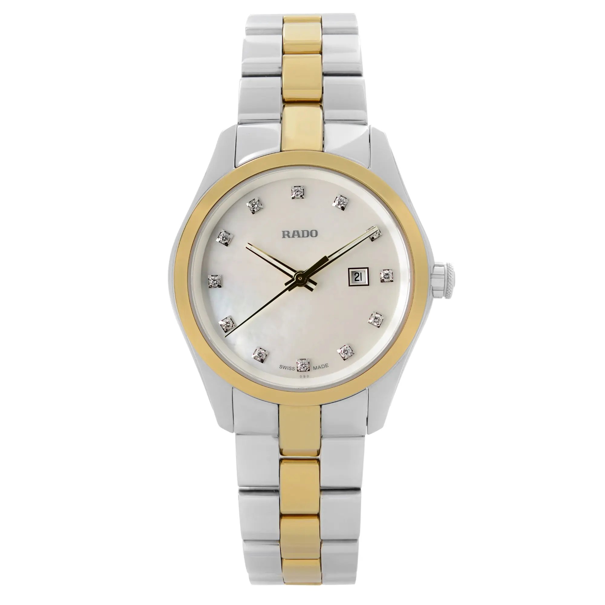 An image of a Wristwatch by Rado. This Display Model item is designed for Women, featuring a Dress/Formal style. It has a Quartz movement and an Analog display with a White dial color. The indices include 12-Hour Dial,Diamond Markers,Non-Numeric Hour Marks. The band is made of Ceramic and the case is made of Stainless Steel. The watch has a Round shape with a case size of 31 mm and a case thickness of 9 mm.