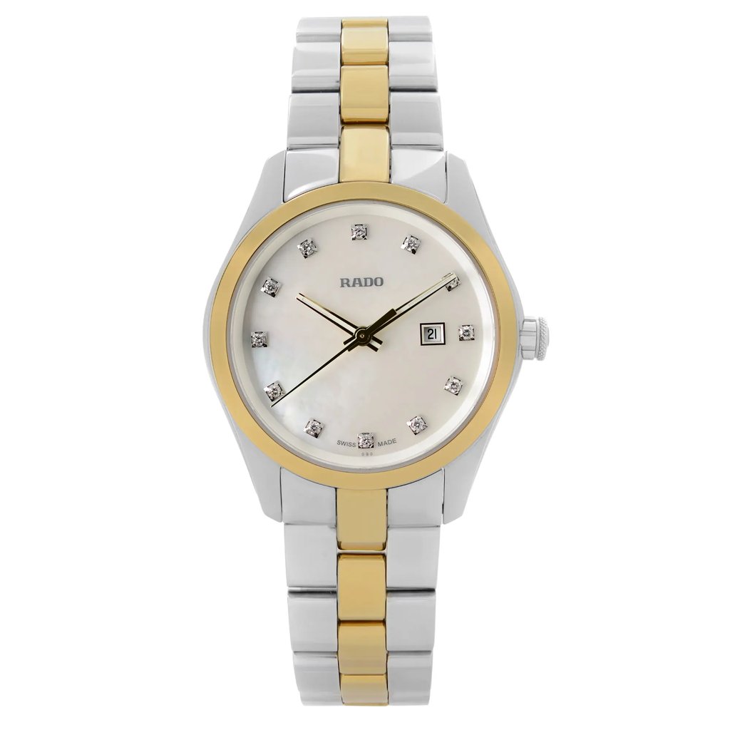 An image of a Wristwatch by Rado. This Display Model item is designed for Women, featuring a Dress/Formal style. It has a Quartz movement and an Analog display with a White dial color. The indices include 12-Hour Dial,Diamond Markers,Non-Numeric Hour Marks. The band is made of Ceramic and the case is made of Stainless Steel. The watch has a Round shape with a case size of 31 mm and a case thickness of 9 mm.