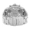 An image of a pre-owned Breitling men's wristwatch, viewed from the back shows the caseback and closed clasp. The watch is positioned directly facing the camera at a perpendicular angle, capturing the entire back view in focus. The caseback is screwback stainless steel with engraved text, and the band is also made of stainless steel, featuring a round watch shape. The fold-over clasp with flip lock safety is visibly closed, and the watch appears to be at a close distance, providing a clear view of the details on the caseback and clasp. The watch is pre-owned and may show signs of wear and scratches.