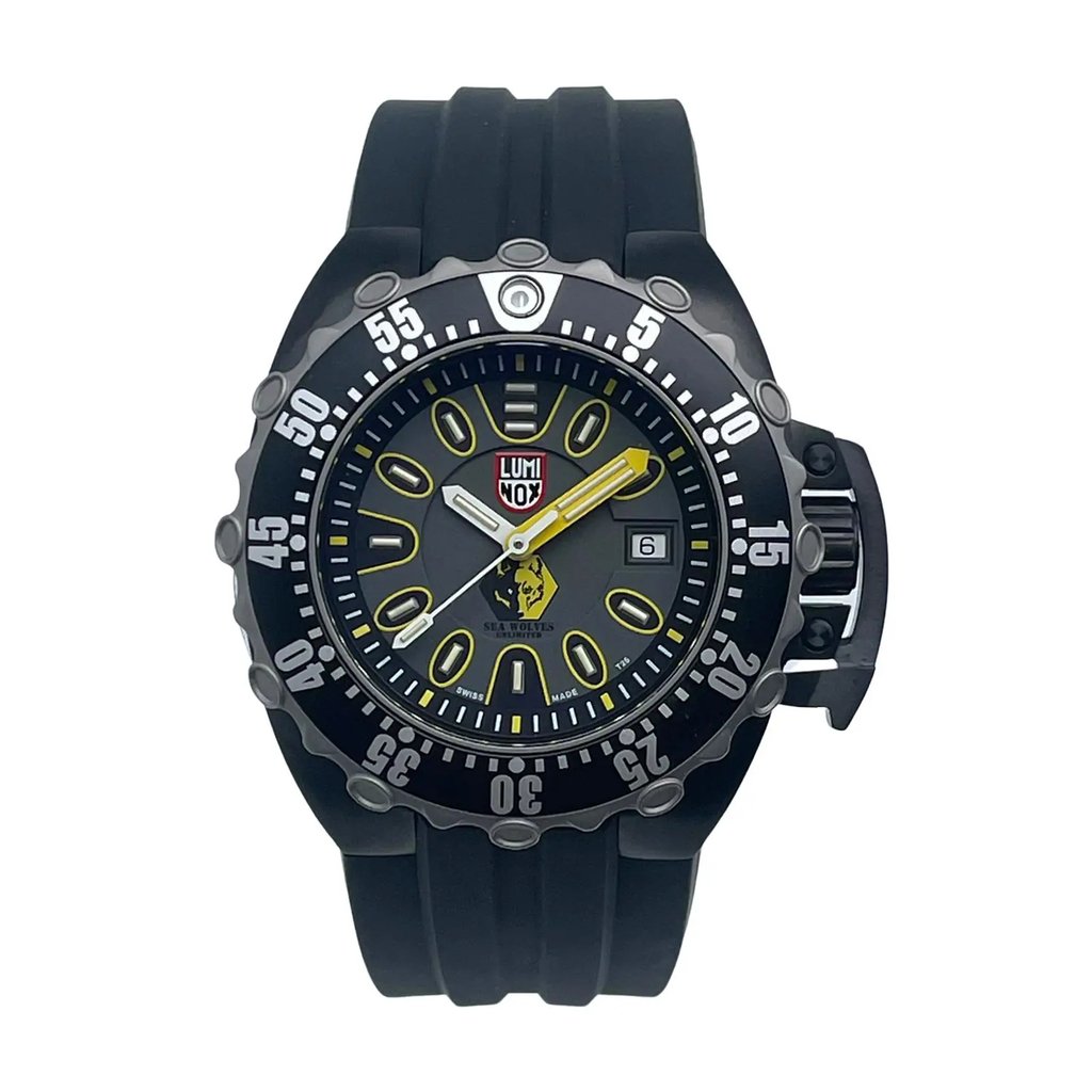 An image of a Wristwatch by Luminox. This New With Defects item is designed for Men, featuring a Diver style. It has a Mechanical (Automatic) movement and an Analog display with a Gray dial color. The indices include 12-Hour Dial,Baton Indexes,Non-Numeric Hour Marks. The band is made of Rubber and the case is made of Stainless Steel. The watch has a Round shape with a case size of 44 mm and a case thickness of 17 mm.