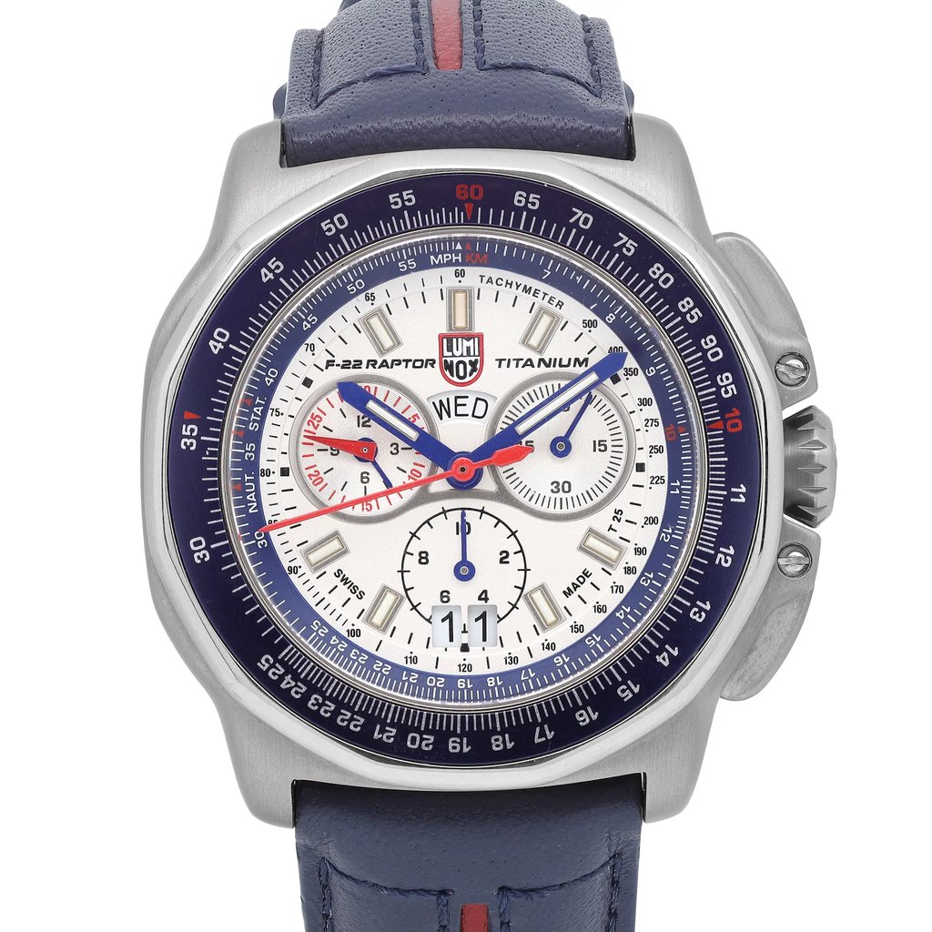 An image of a Wristwatch by Luminox. This Display Model item is designed for Men, featuring a Pilot/Aviator style. It has a Quartz movement and an Analog display with a Silver dial color. The indices include 12-Hour Dial,Non-Numeric Hour Marks,Stick Indexes. The band is made of Leather and the case is made of Stainless Steel. The watch has a Round shape with a case size of 44 mm and a case thickness of 14 mm.