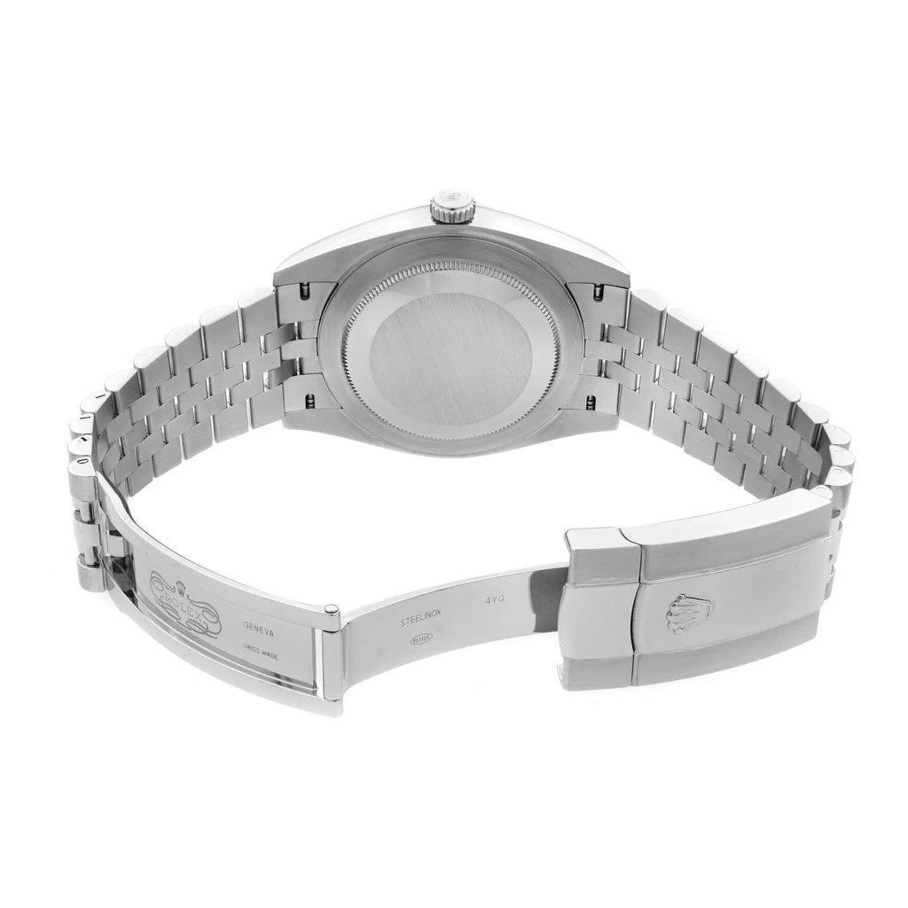 Back View Of Solid Back Case And Open Stainless Steel Band Of Rolex 126300-0012 Watch Unworn Condition