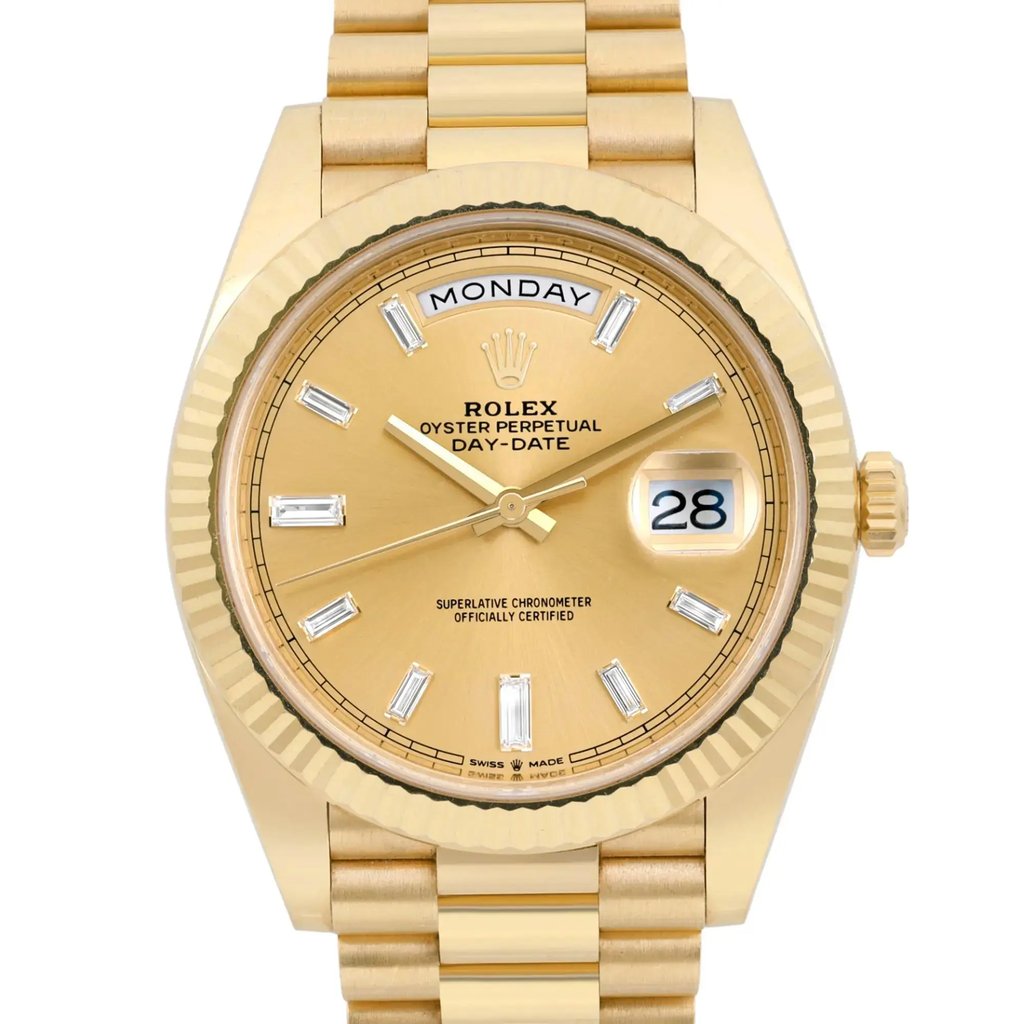 Up Close Front Facing Picture Of Rolex 228238 Yellow Gold Watch Pre Owned Condition