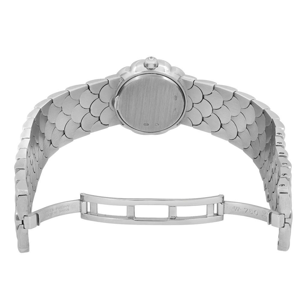 Back View Of Snap Back Case And Open White Gold Band Of Patek Philippe 4872/3G-001 Watch Pre Owned Condition