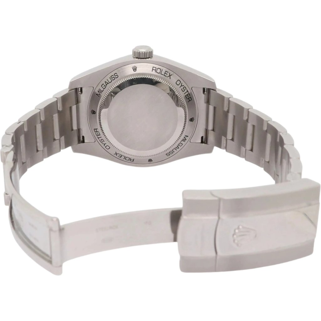 Back View Of Solid Back Case And Open Stainless Steel Band Of Rolex 116400GV Watch Pre Owned Condition