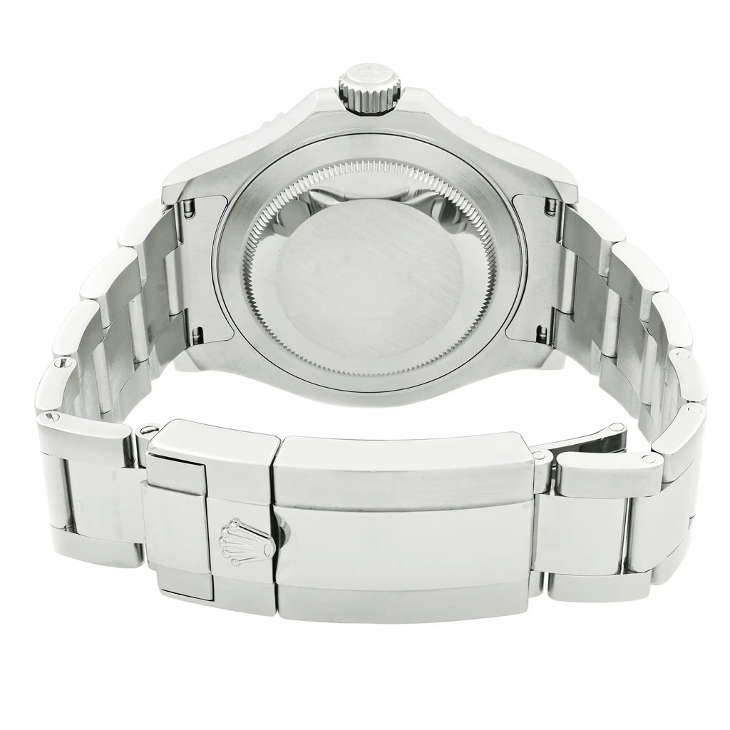 An image of a pre-owned wristwatch showcasing the back view. The clasp is prominently displayed in a closed position, with the watch positioned at a straight angle. The shot is taken at a close distance, highlighting the details of the metal bracelet and clasp design.