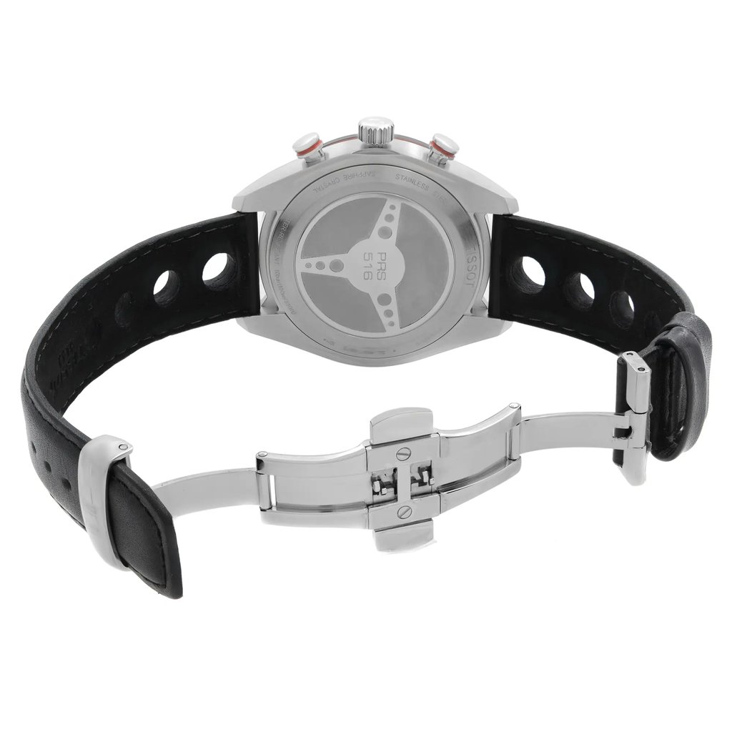 Back View Of Solid Back Case And Open Leather Band Of Tissot T100.417.16.051.00 Watch New Condition