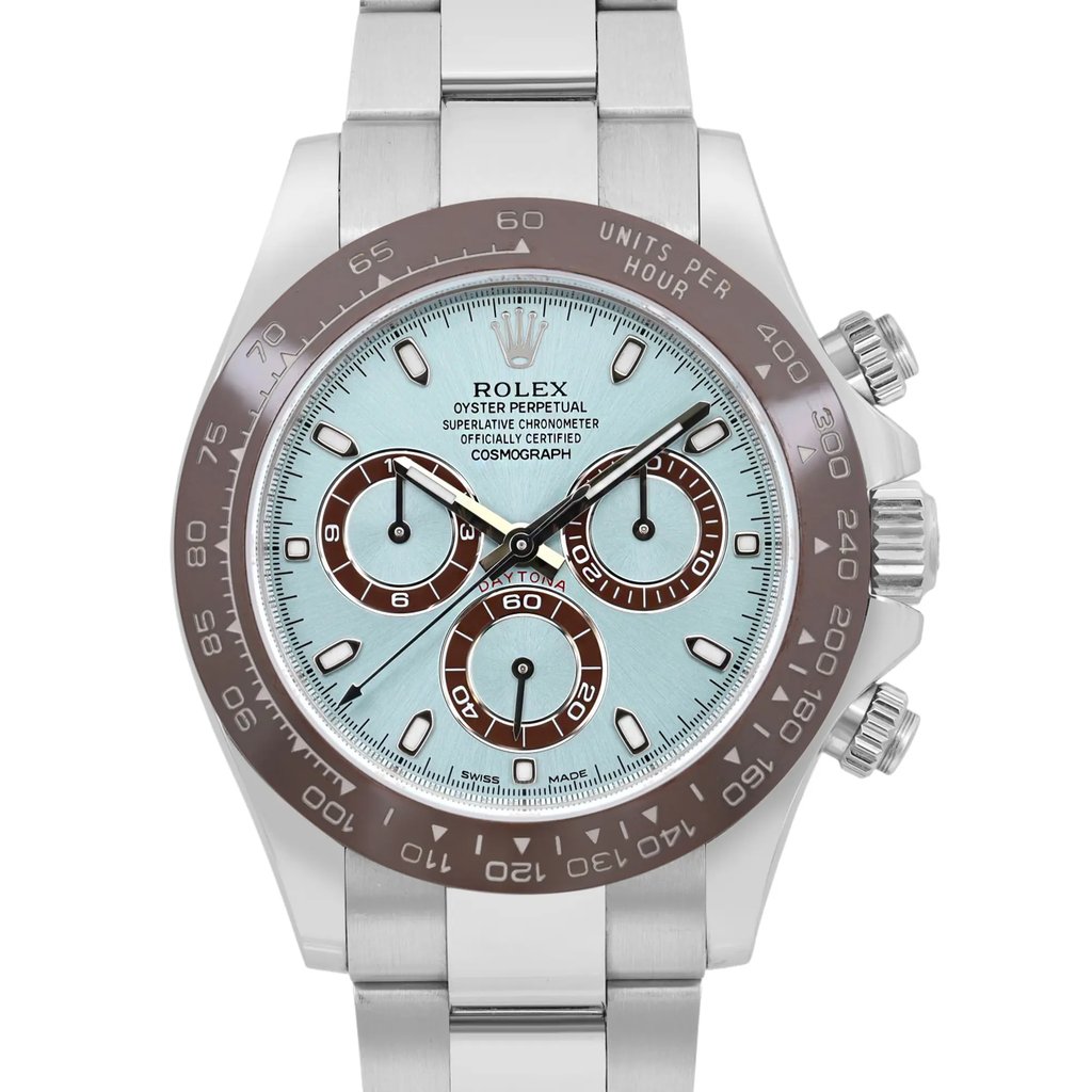 Up Close Front Facing Picture Of Rolex 116506-0001 Platinum Watch Pre Owned Condition