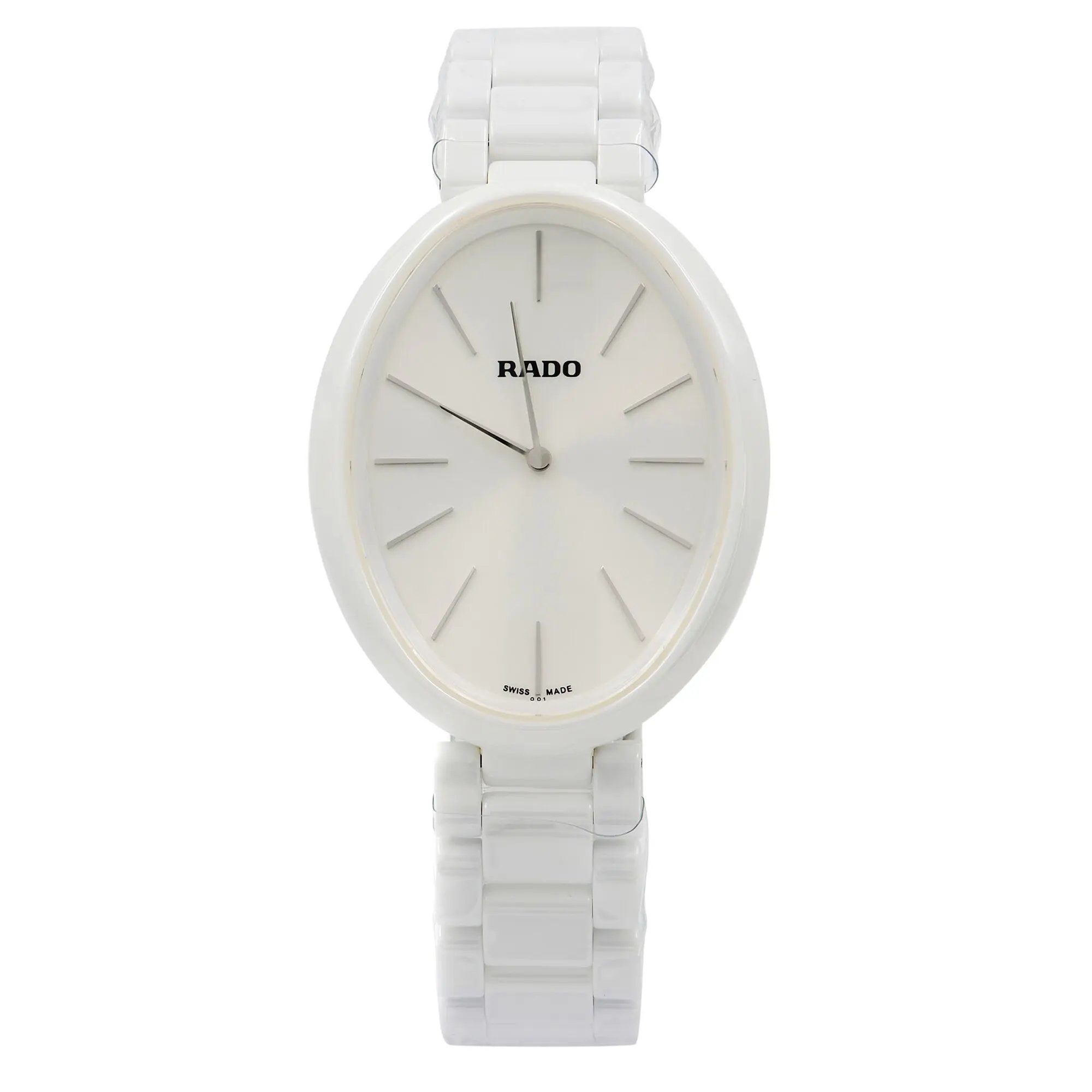 An image of a Wristwatch by Rado. This Display Model item is designed for Women, featuring a Dress/Formal style. It has a Quartz movement and an Analog display with a White dial color. The indices include 12-Hour Dial,Stick Indexes. The band is made of Ceramic and the case is made of Ceramic. The watch has a Oval shape with a case size of 33 mm and a case thickness of 9 mm.