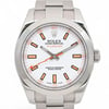 An image of a pre-owned men's Rolex Milgauss wristwatch. The watch is shown from a front-facing angle, capturing the entire face and part of the stainless steel bracelet. The watch face is white with orange and black hour markers, featuring luminous hands. The image is taken at a close distance, showcasing the detailed design and branding on the dial.