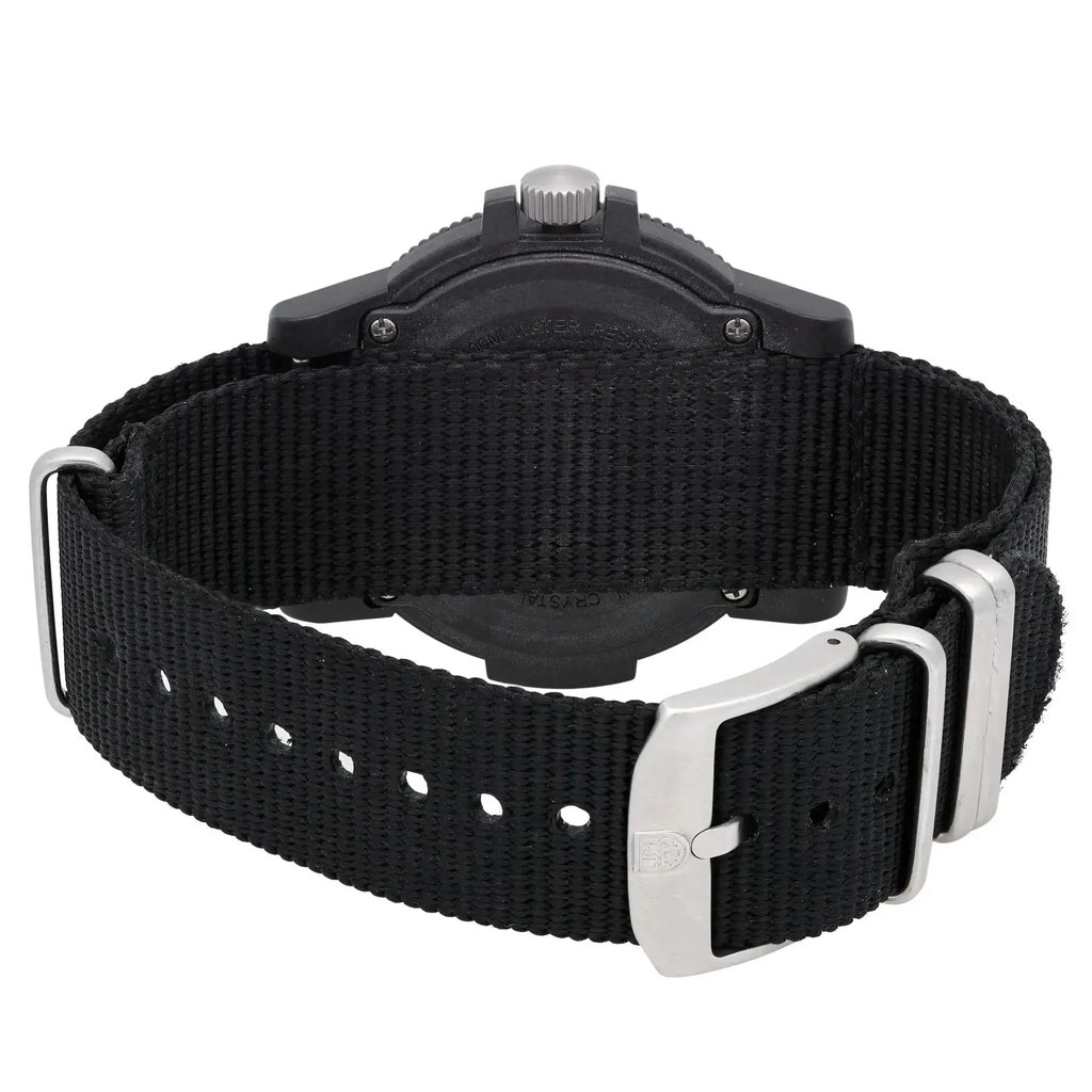 Back View Of Screwback Back Case And Closed Nylon Band Of Luminox XS.0337 Watch Pre Owned Condition